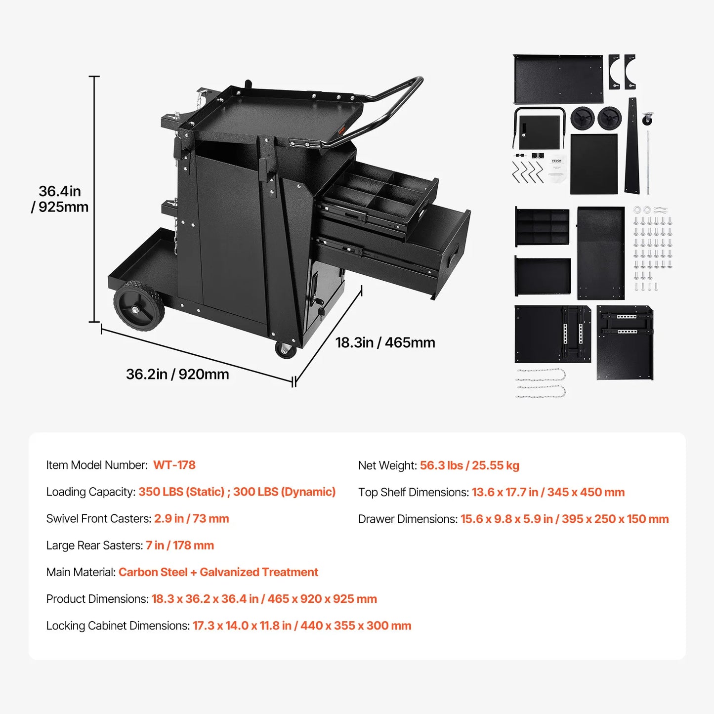 SucceBuy Welding Cart 2 Drawers Welder Cart Heavy Duty Welding Workbench with 360° Swivel Wheels Safety Chains for Mig Welder
