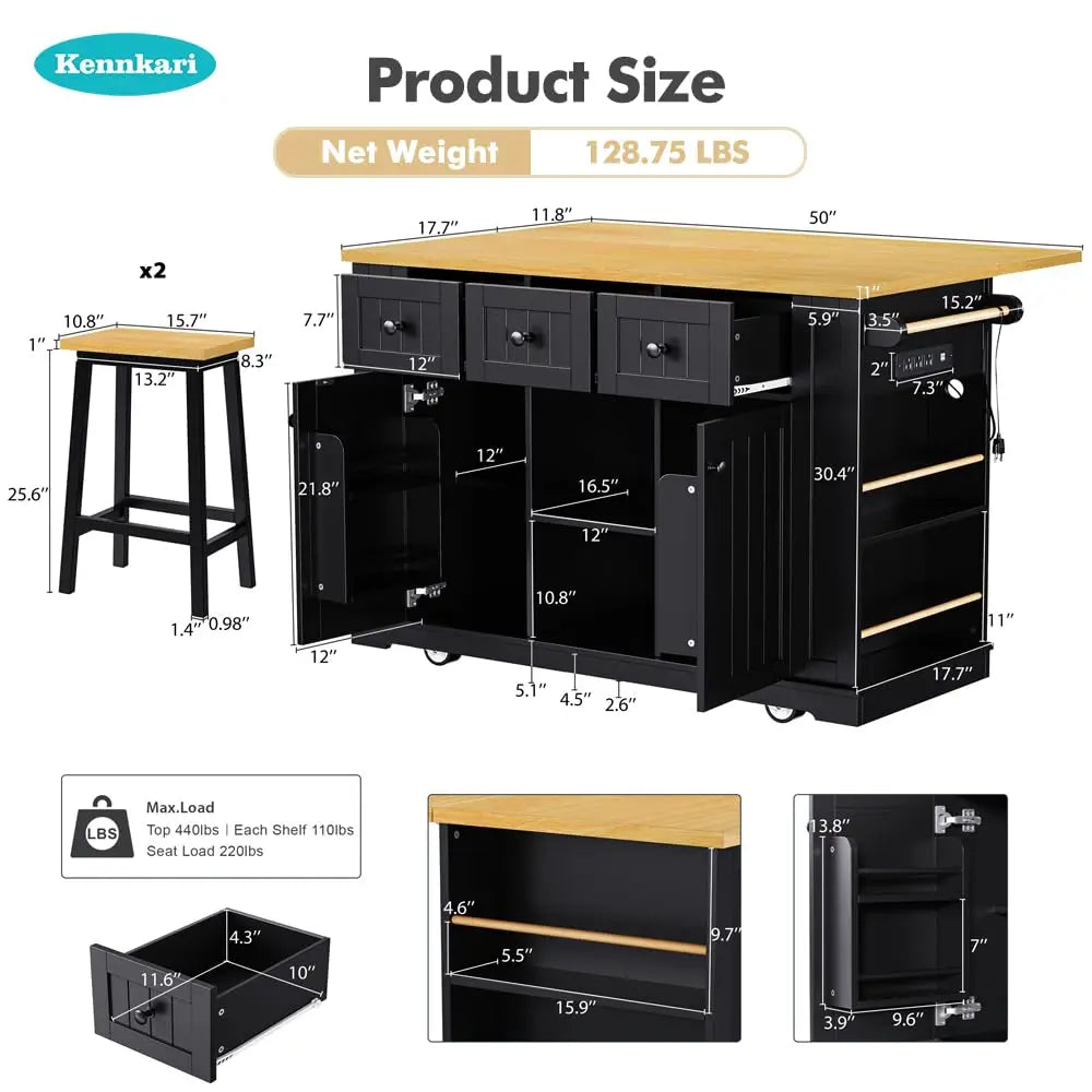 Mobile Rolling Kitchen Island Drop Leaf Storage Cabinets Power Outlet Seating 2 Bar Stools Large Table, Customized