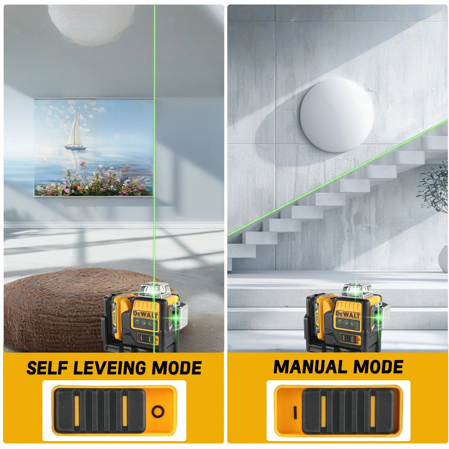 Dewalt DW089LG 12V Lithium Green Laser Level - 3 Sided 360° Vertical & Horizontal, 12 Line, Ideal for Indoor/Outdoor Projects