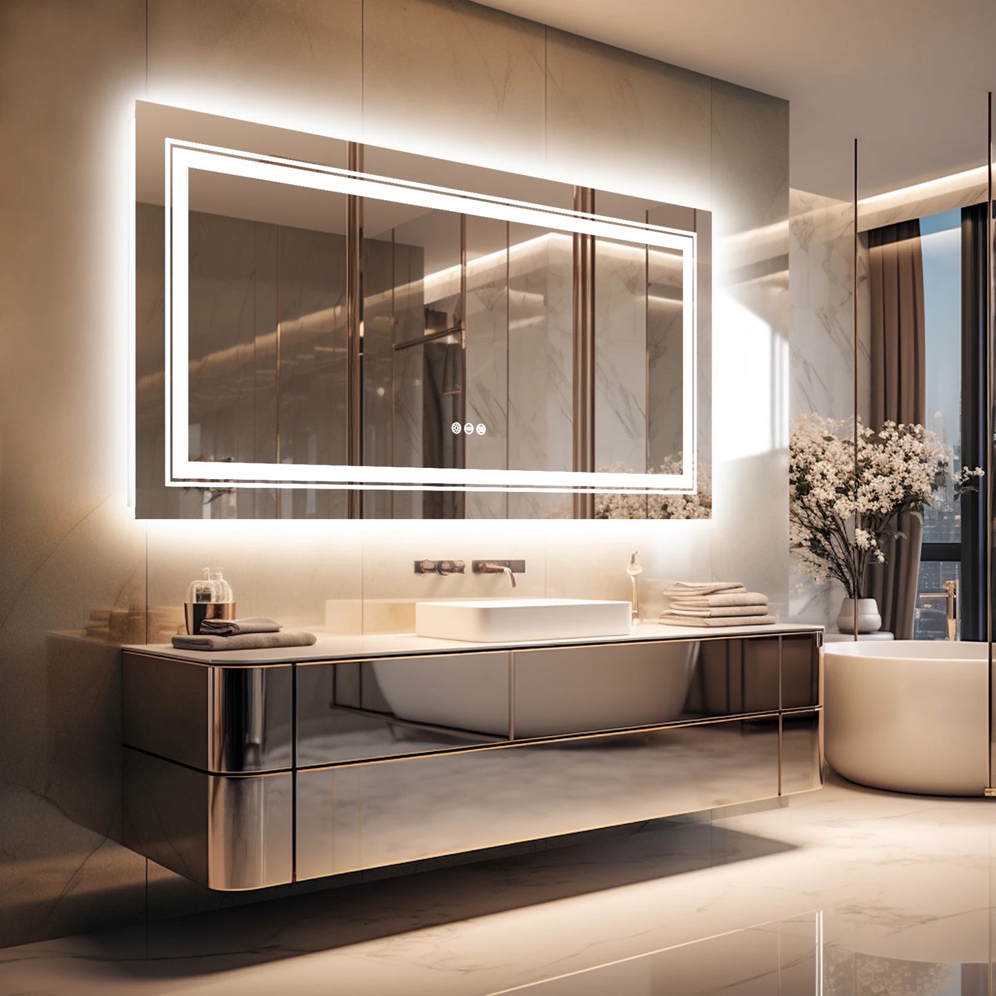 Extra Large Rectangle Bathroom Mirror LED Vanity Dimmable Backlit Anti-Fog Memory with Front and Backlight Shatter-Proof