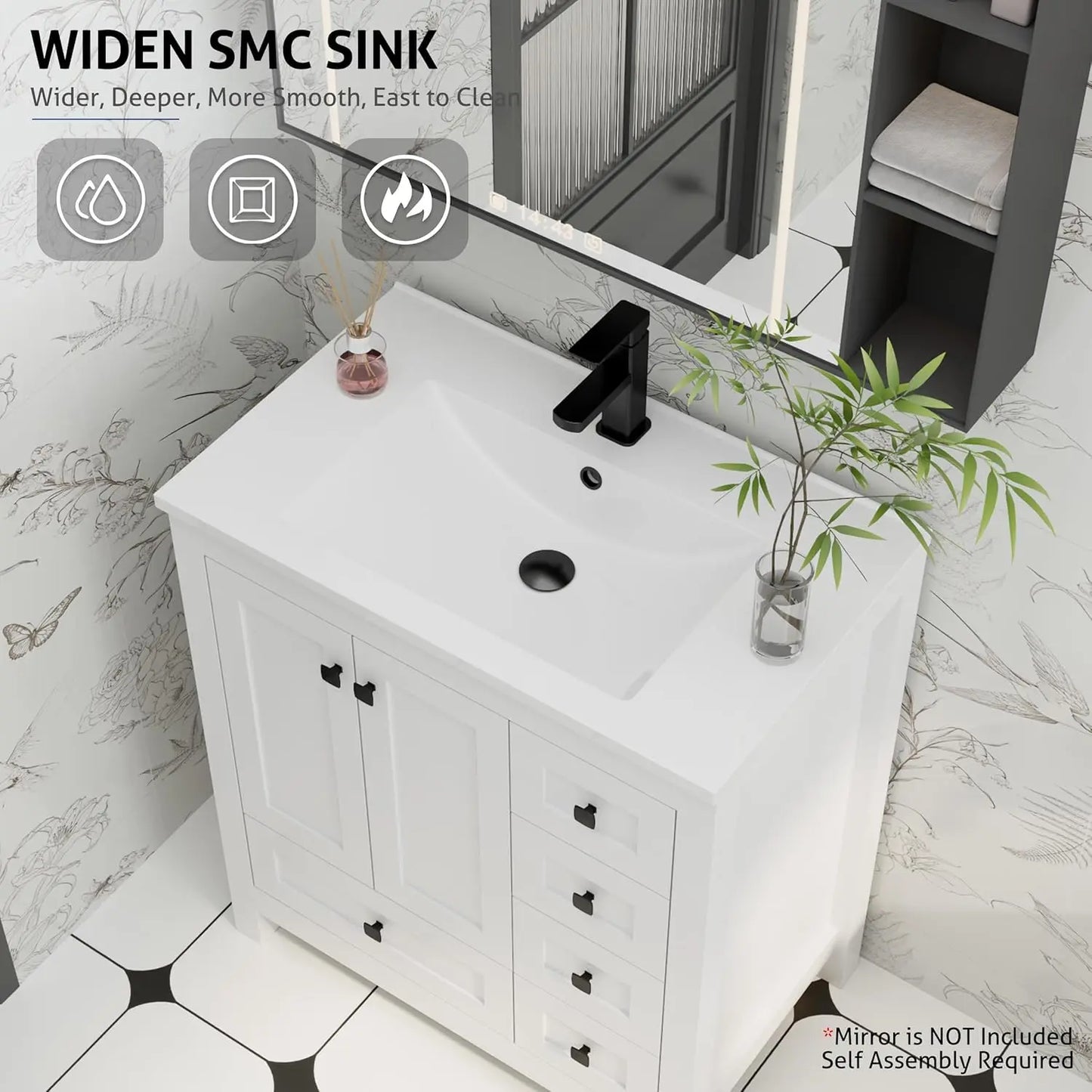 30" Bathroom Vanities with Sink Combo, Modern Thickened Wood Bathroom Storage Cabinet W/Undermount Sink,Matte Black Faucet Drain