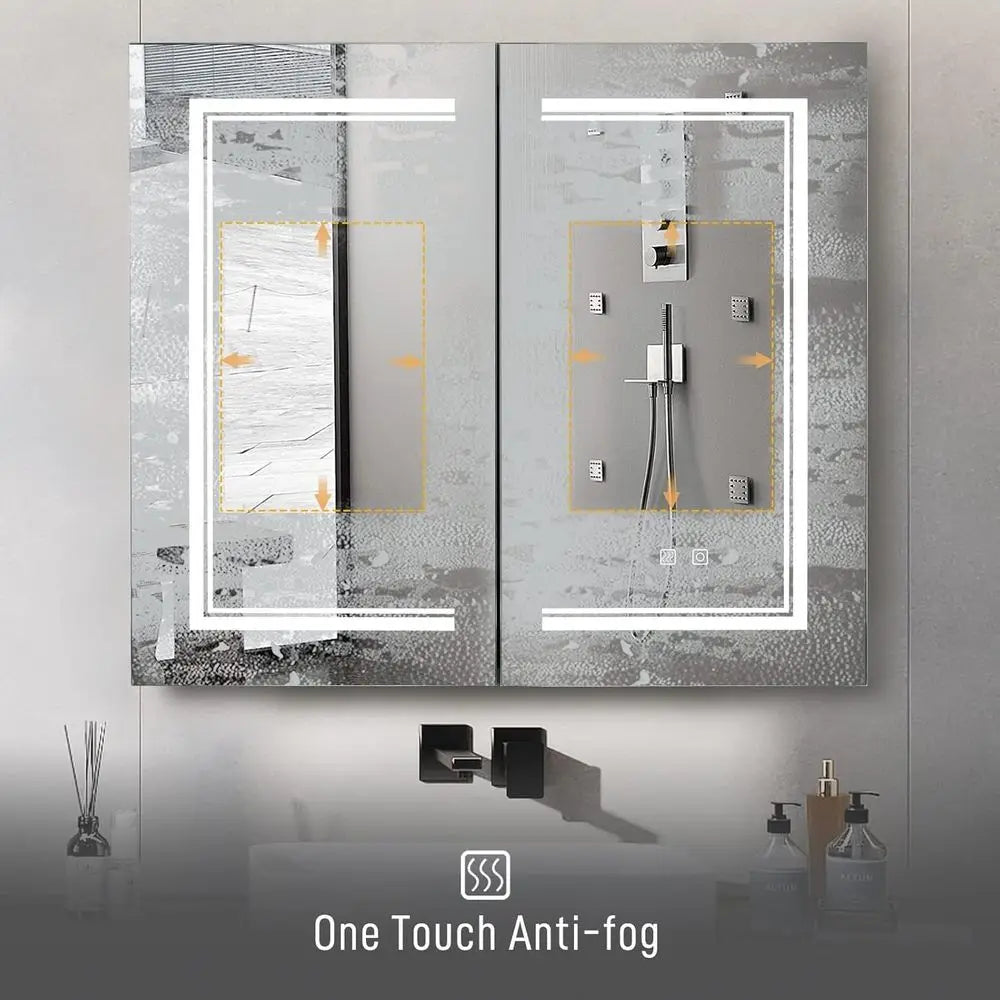 2-Door 32x28 LED-Illuminated Wall-Mounted Bathroom Cabinet with 3-Tier Storage, USB Charging, White