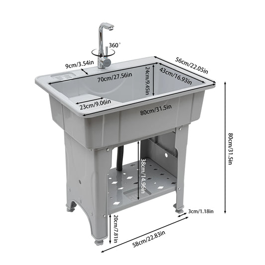 Upgraded 70kg Capacity Laundry Sink, 360° Rotatable Hot/Cold Faucet & Movable Board, Freestanding Plastic Utility Tub