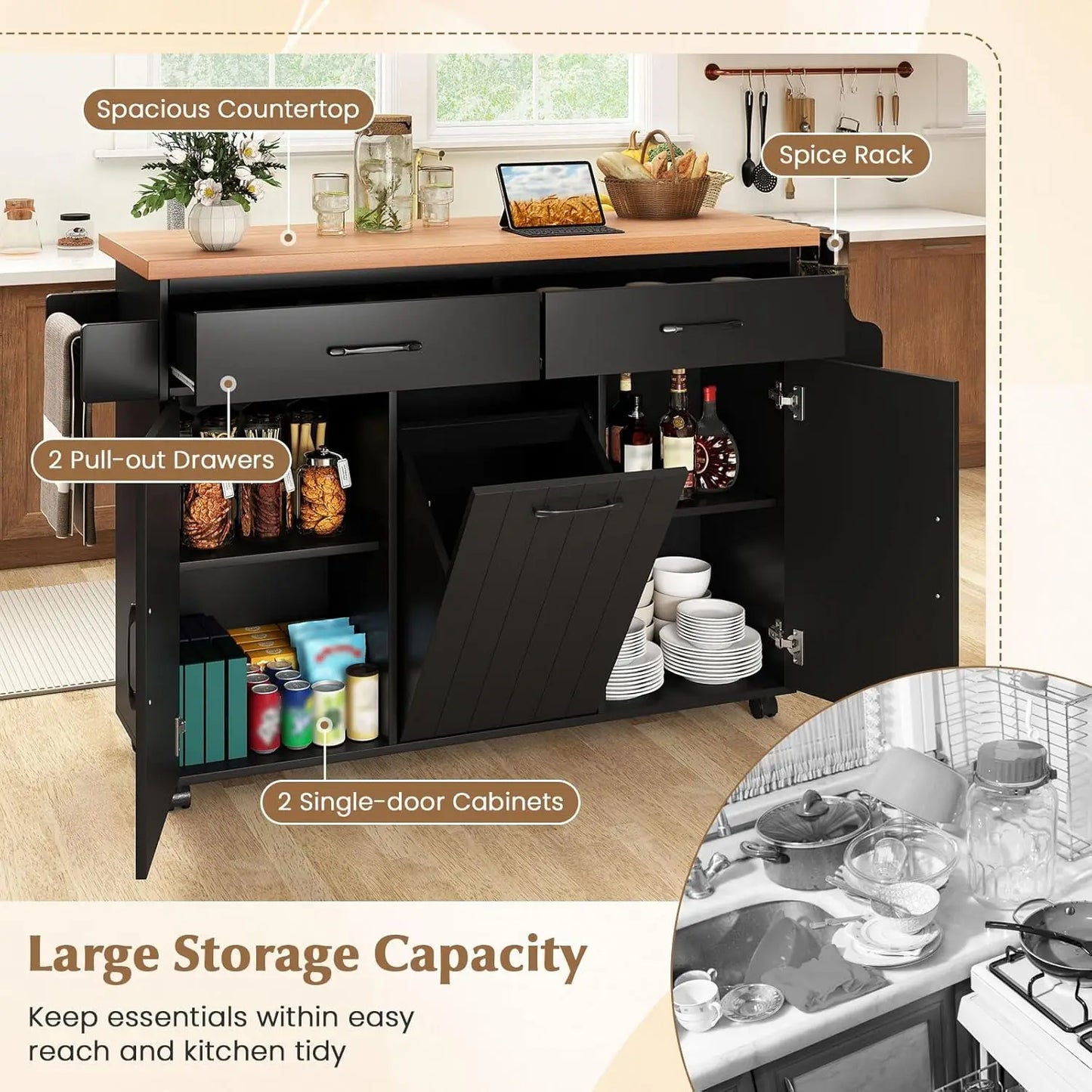 Kitchen Island with Trash Can Storage, Rolling Island Table with 2 Drawers & Cabinets Adjustable Shelves, Towel, Customized