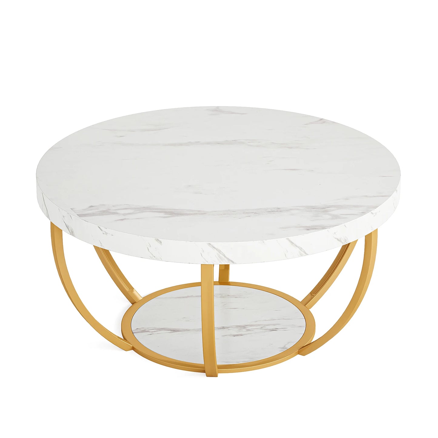 Tribesigns 31.7" Round Coffee Table, Industrial 2-Tier Circle Coffee Table with Storage Shelves, Modern Wooden Sofa Side Table