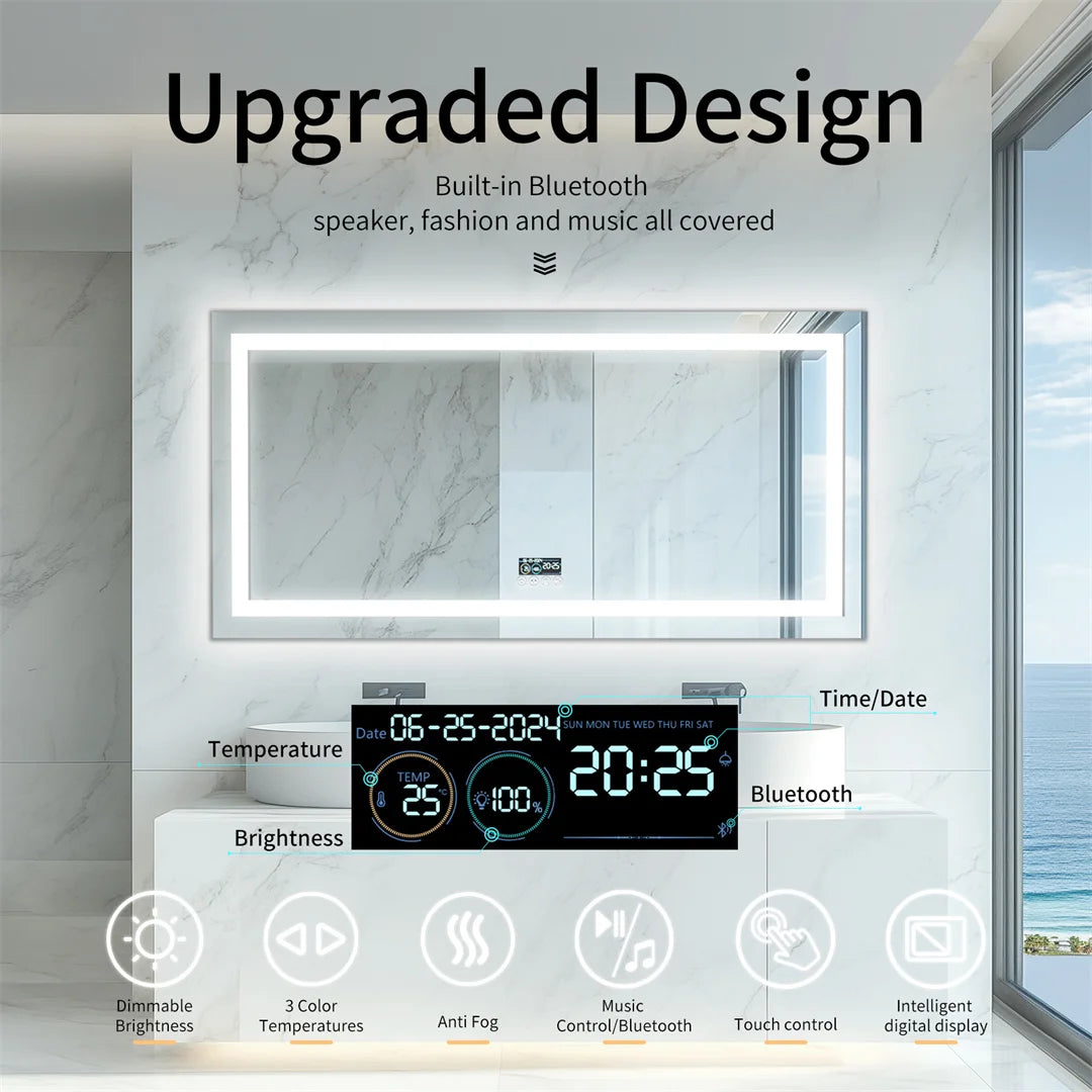 LUVODI Large Bluetooth Bathroom Mirror with LED Light Rectangle Anti-Fog Vanity Mirror with Bluetooth Speaker 3 Color Temperatur