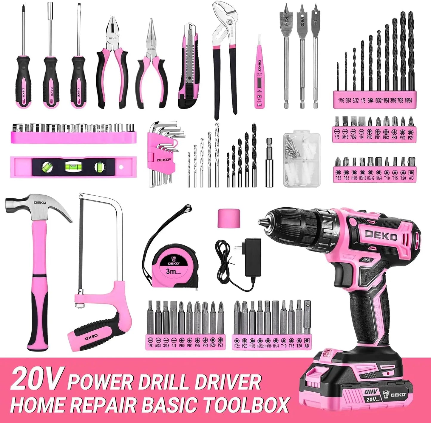 Pink Drill Tool Kit Set: 20V Cordless Power Drill Tool Box with Battery Electric Drill Driver