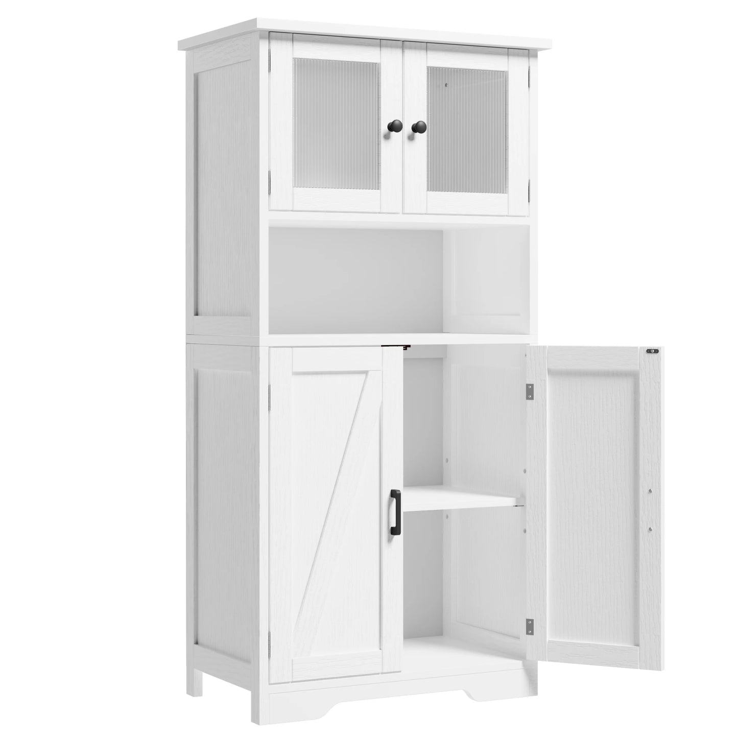 Free Standing Kitchen Pantry Cupboard with 4 Doors and Open Space 128cm Bathroom Tall Cabinet with Tempered Glass Doors