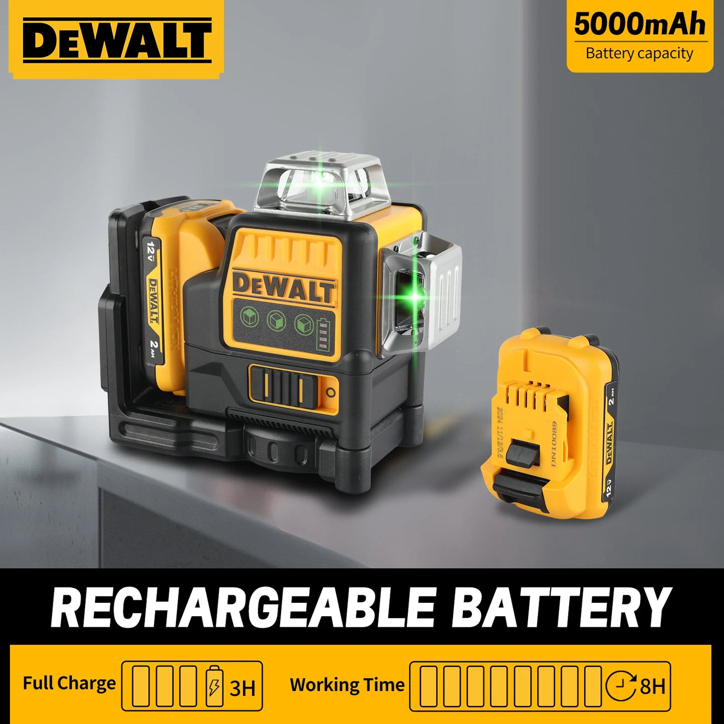 Dewalt DW089LG 12V Lithium Green Laser Level - 3 Sided 360° Vertical & Horizontal, 12 Line, Ideal for Indoor/Outdoor Projects