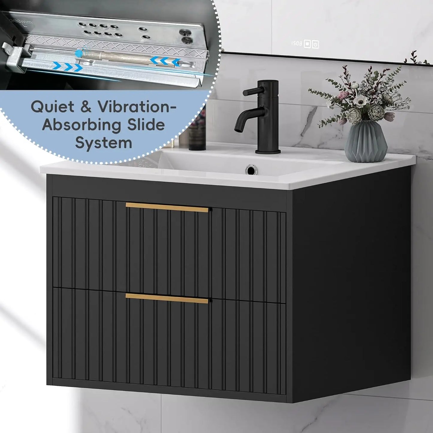 24'' Floating Bathroom Vanity Cabinet Sink Combo 2 Big Drawers Metal Handles Black, Customized