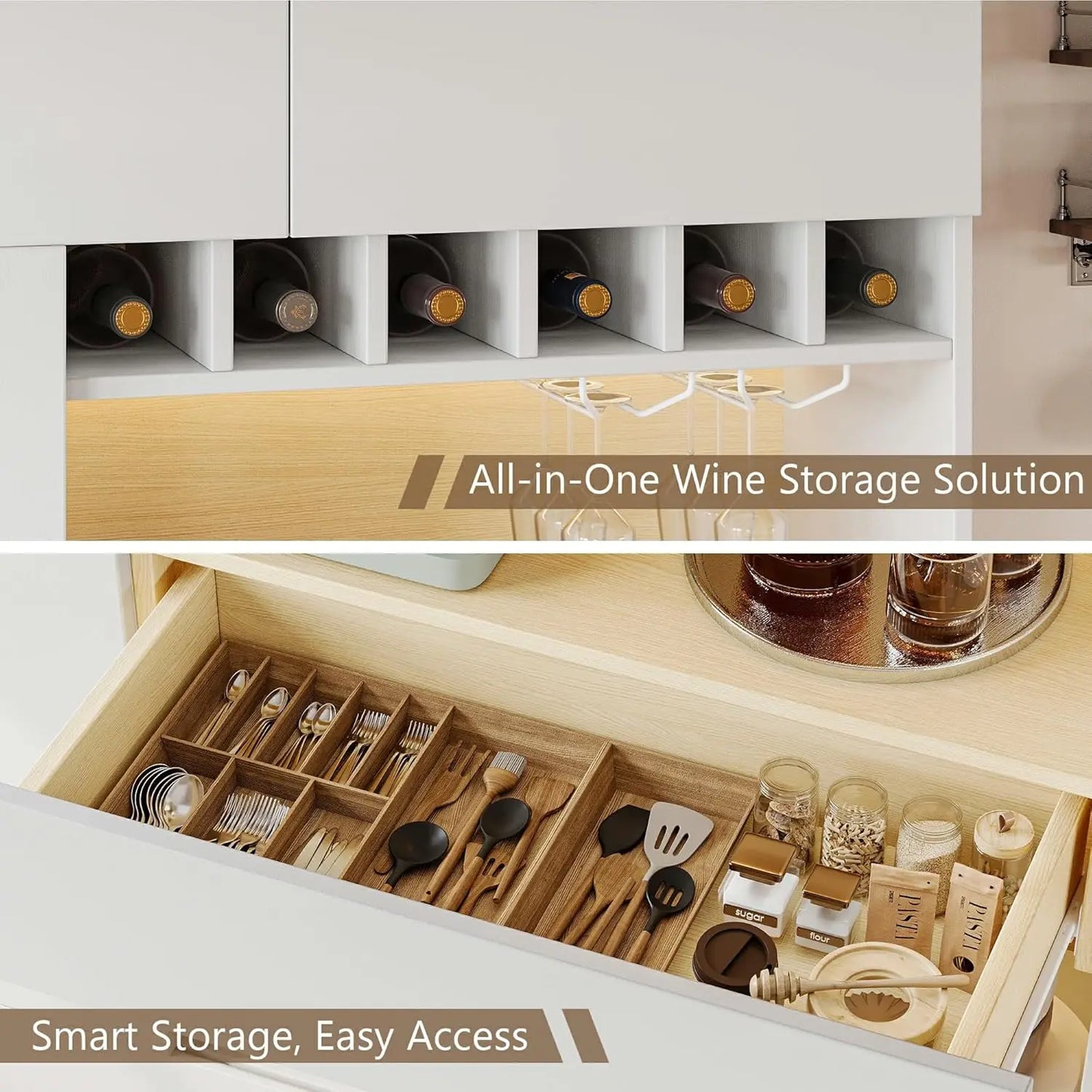 69 Tall Pantry Cabinet LED Light Microwave Stand Wine Rack Door Shelf Adjustable Drawer Charging Station White Custom
