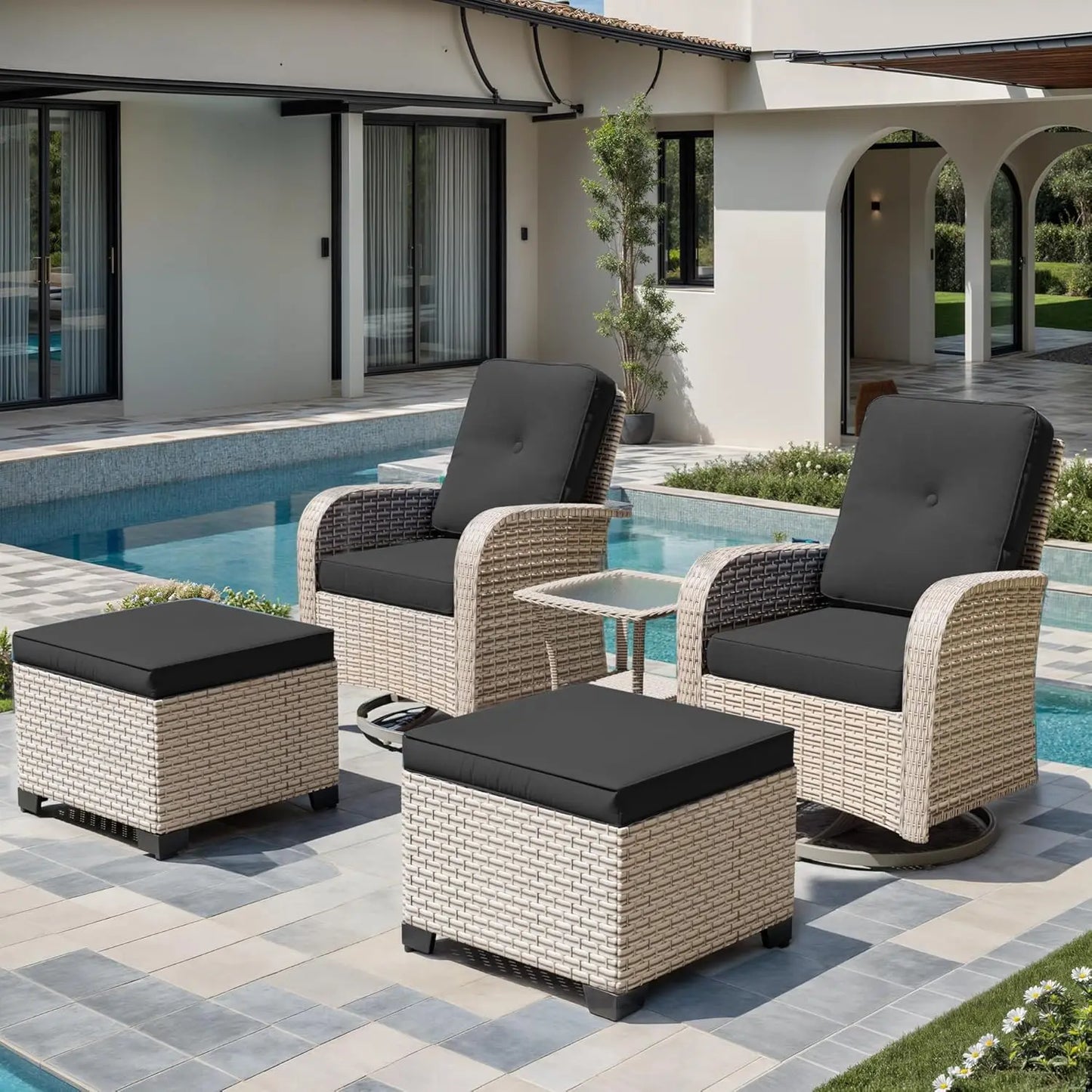 5 Pieces Patio Furniture Set with 2 Ottomans, Outdoor Swivel Glider Rocker Chairs with Rattan Side Table, Wicker, Customized
