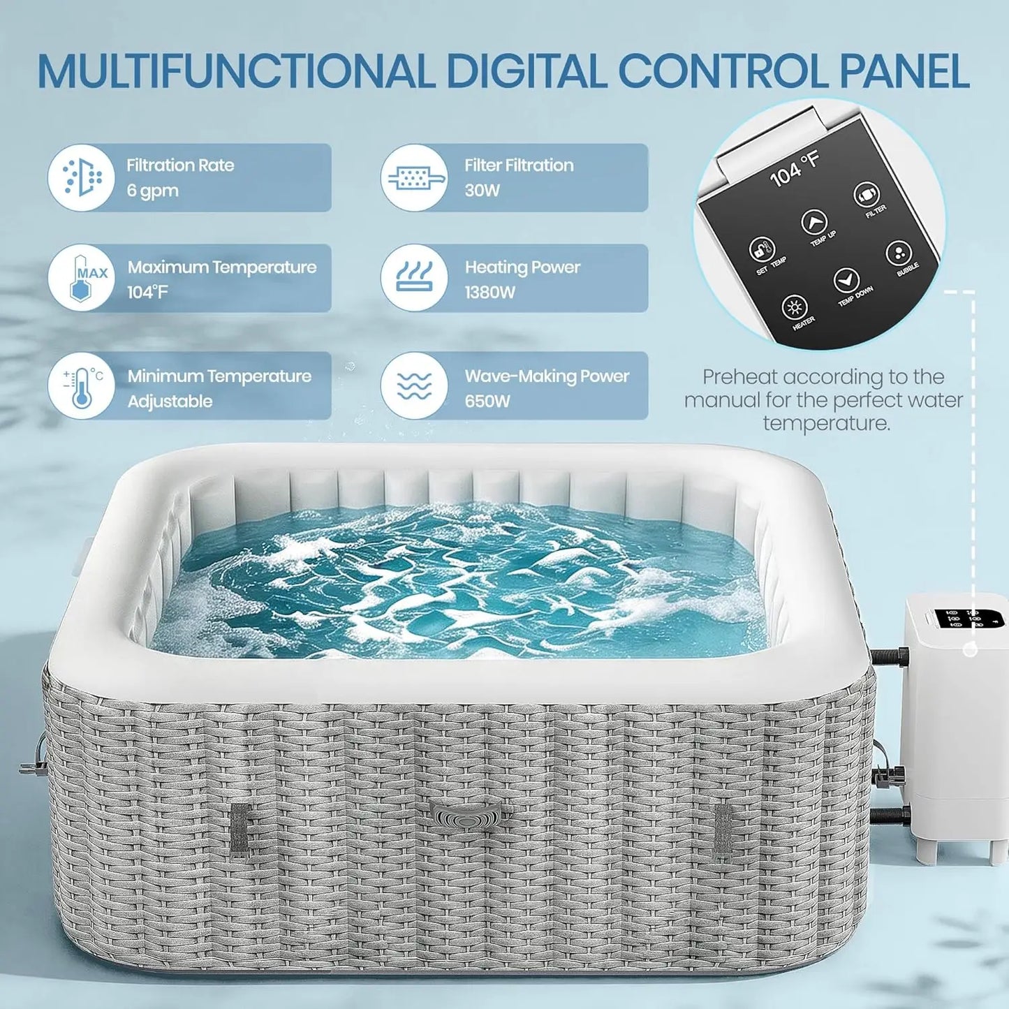 Inflatable Hot Tub Spa Set, Outdoor Bubble Massage Square Portable, 4-6 Person with External Pump, Custom