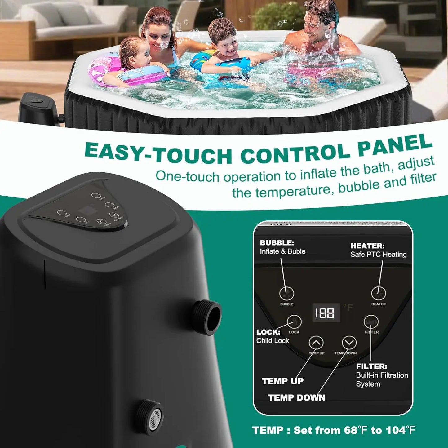 4-6 Person Inflatable Hot Tub, 77" X 77" X 25" Octagonal Portable Hot tub with 130 Bubble Jets, Large Outdoor Spa, Customized