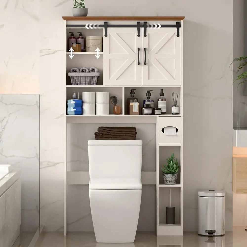 Space-Saving Toilet Storage Cabinet with Sliding Barn Doors, Bathroom Organizer featuring Toilet Paper Holder and Shelves for La