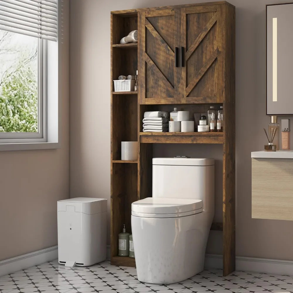 Over The Toilet Storage Cabinet with 7 Storage Shelves, Above Toilet Bathroom Organizer with Toilet Paper Holder Stand, Behind T