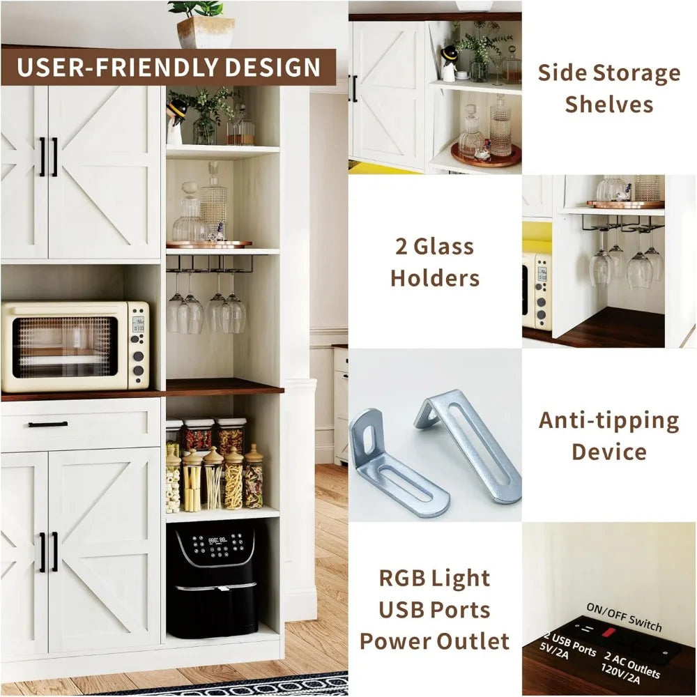 71 Farmhouse Kitchen Pantry Cabinet with Hutch & Charging Station - 41.34 Wide Storage with Microwave Stand, Door Spice Racks fo