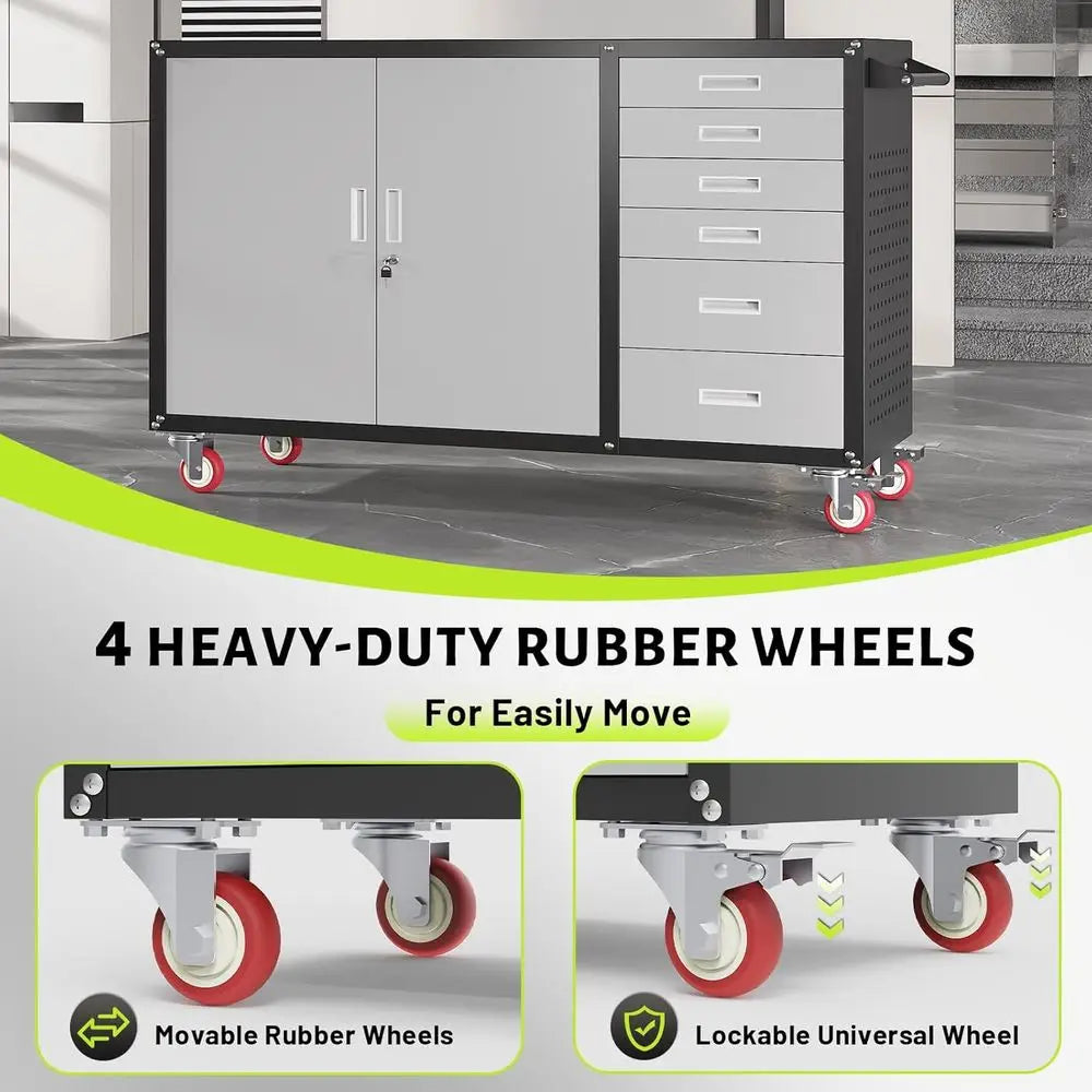 Heavy-Duty 55W Rolling Workbench with 1000 lbs Capacity, Lockable Storage Cabinet, Adjustable Shelves, and Pegboard for Garage/R