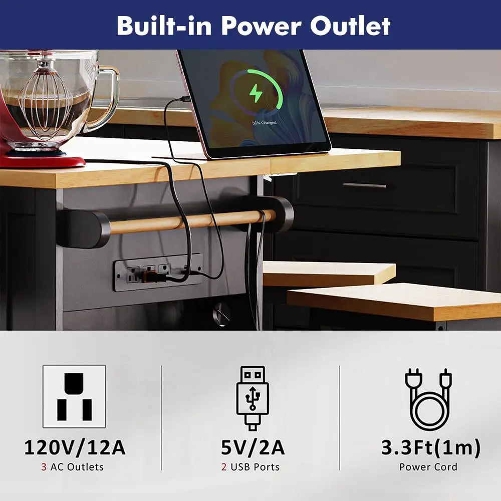 Mobile Rolling Kitchen Island Drop Leaf Storage Cabinets Power Outlet Seating 2 Bar Stools Large Table, Customized