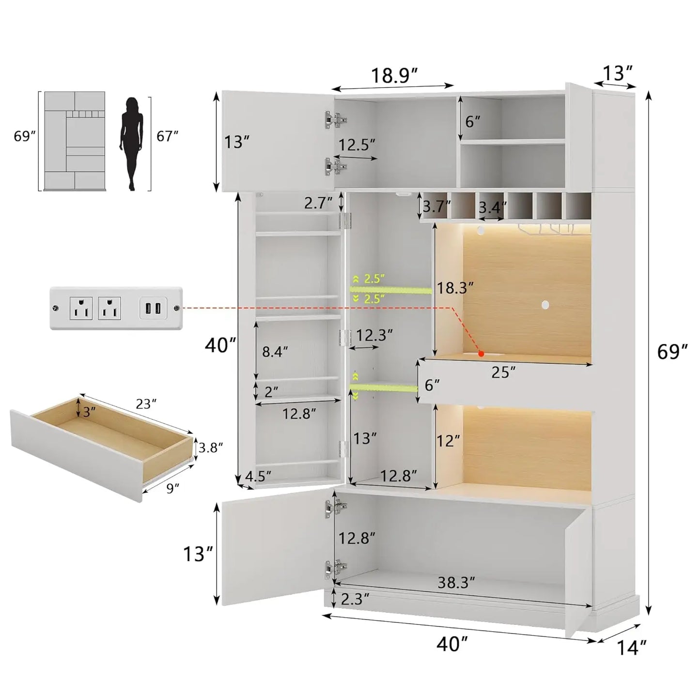 69 Tall Pantry Cabinet LED Light Microwave Stand Wine Rack Door Shelf Adjustable Drawer Charging Station White Custom