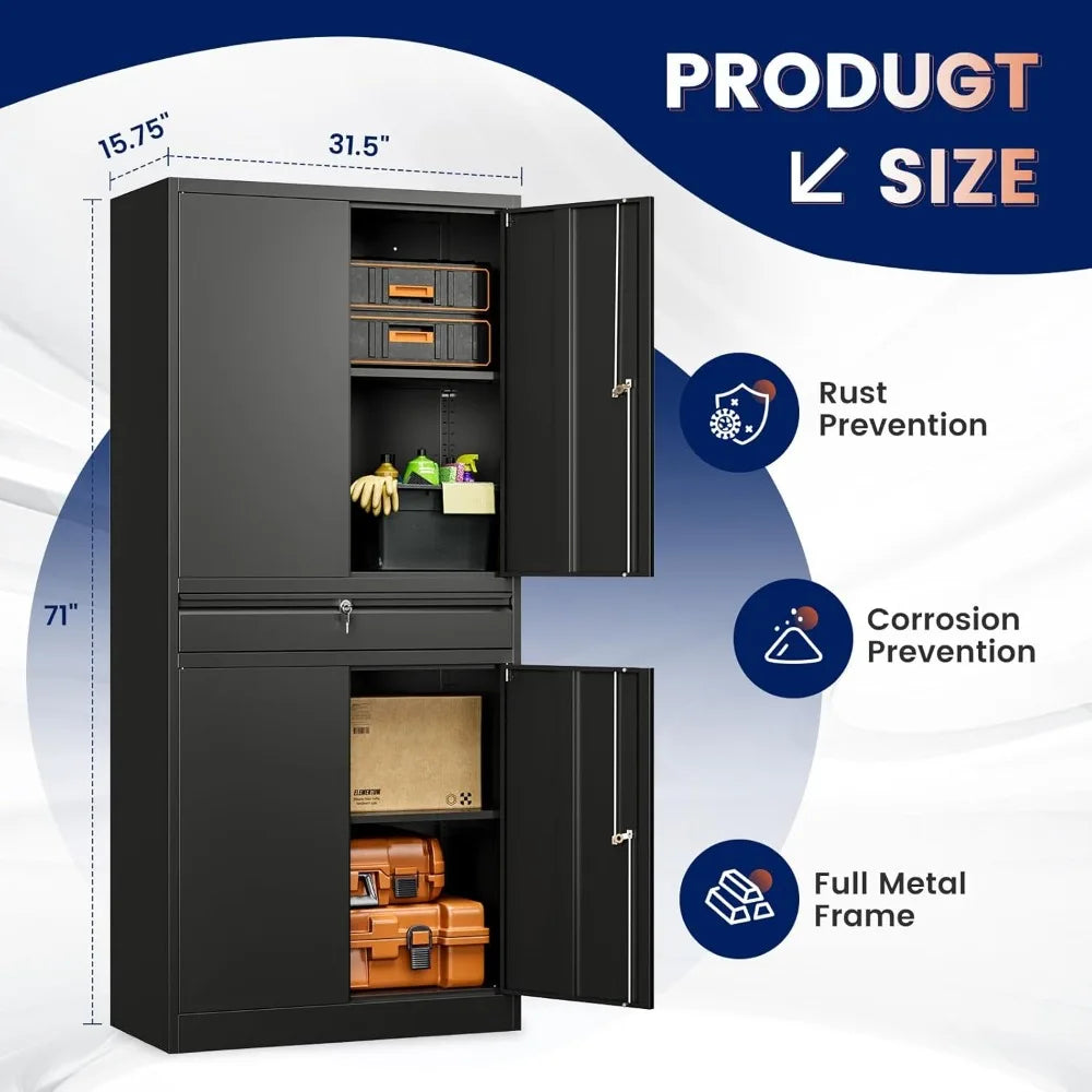 Metal Garage Storage Cabinet with Locking Doors and Adjustable Shelves, 71" Tool Storage Cabinet with 1 Drawer, Customized