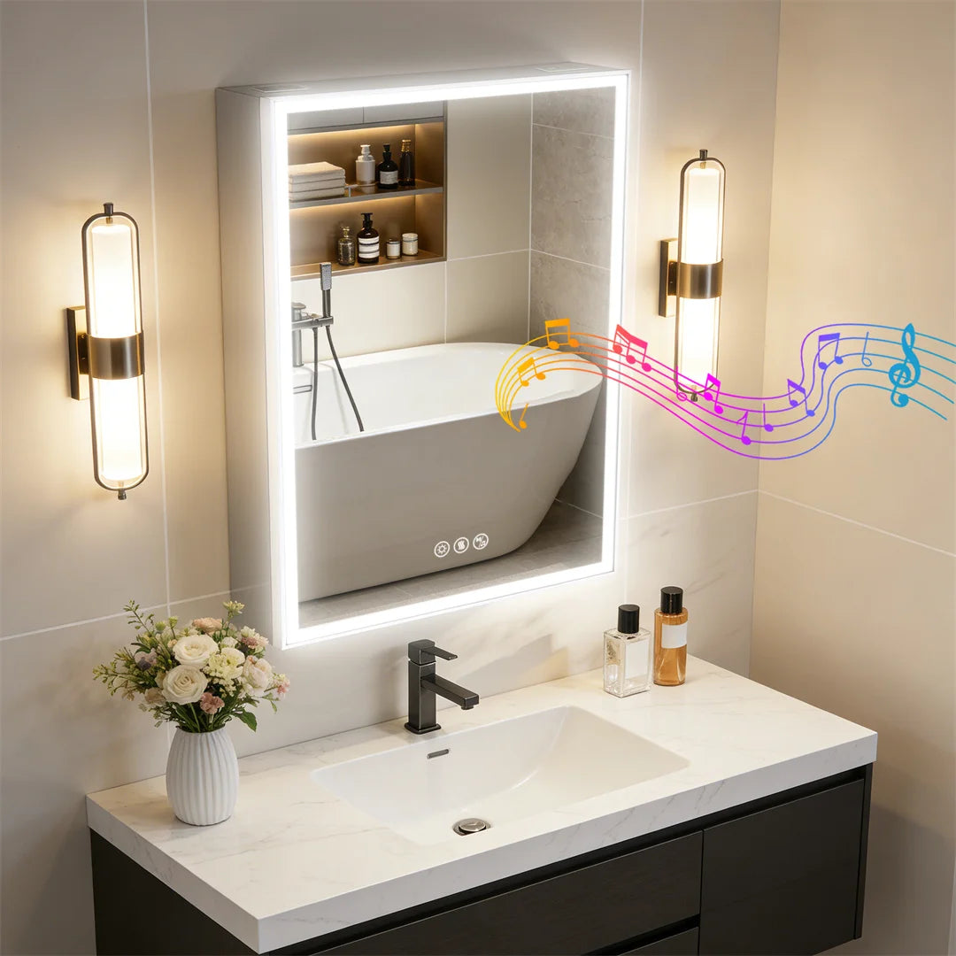 LUVODI 50x70cm Wall-Mounted LED Bathroom Cabinet with Bluetooth Speakers Defogger And Jewelry Storage Smart Mirror Cabinet