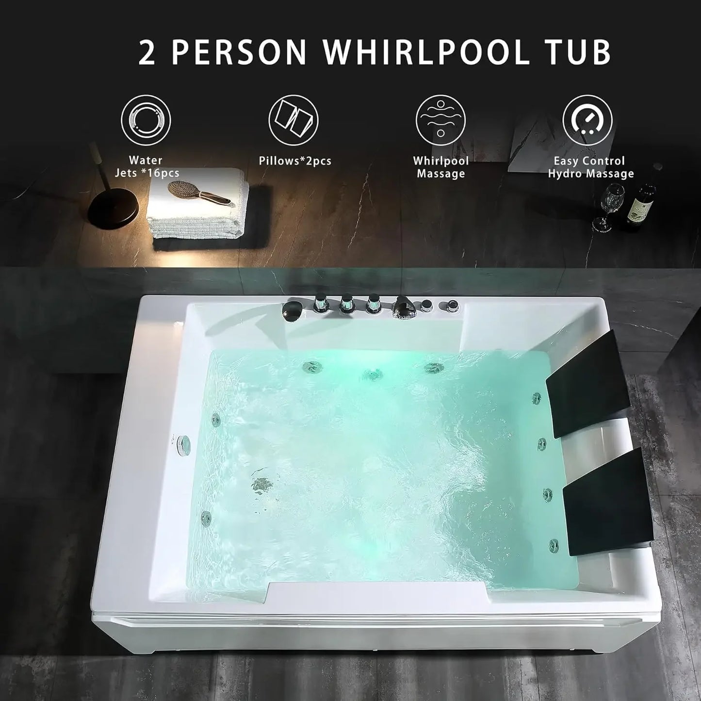 72-Inch Whirlpool Jetted Tub,Acrylic Hydro Massage Bathtub with 10 Jets,Alcove, Color-Changing LED Lights,2-Person Jetted Bath T