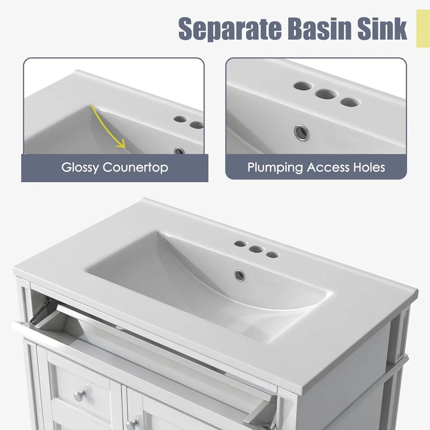 30" Bathroom Vanity Ceramic Sink Modern Freestanding Storage Cabinet Door 2 Drawers Tip-Out Drawer Solid Wood Frame, Customized