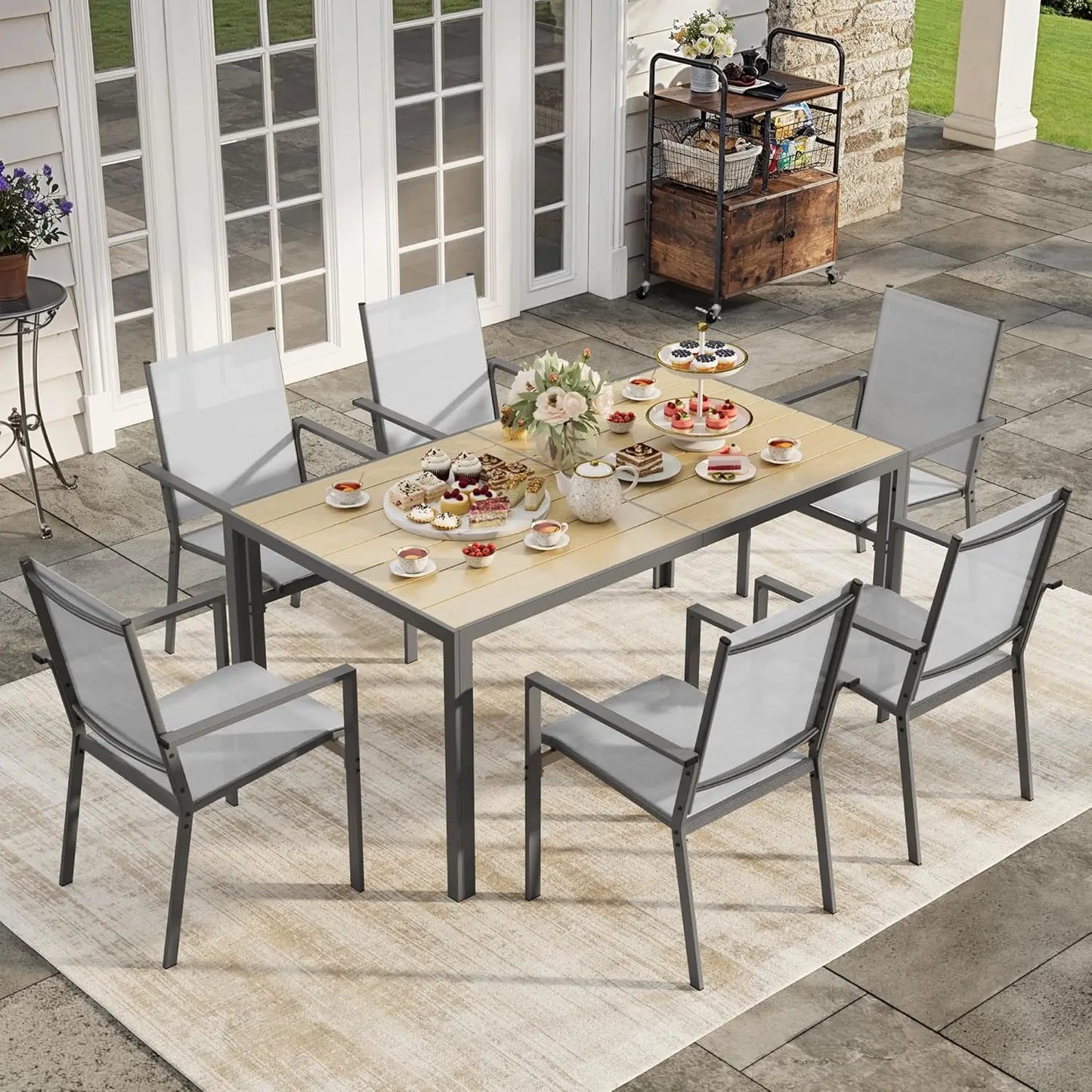 Patio Table and Chairs Set for 6, Outdoor Dining Set Includes 59.5" Rectangle Patio Table with Side Umbrella Hole, Customized