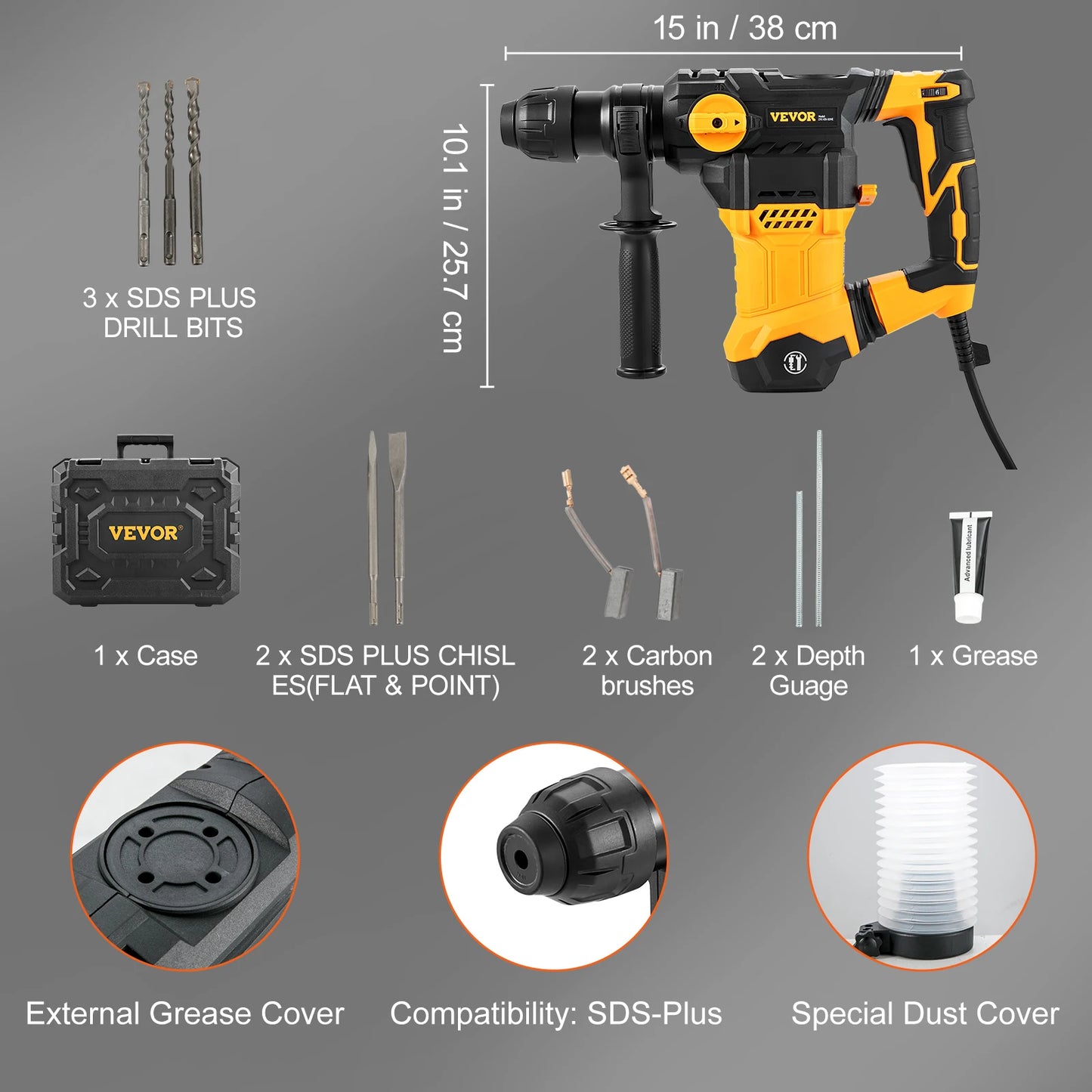 1500W Rotary Hammer Drill Max Drilling 32mm 4 Modes Plus Corded Demolition Chipping Metal Concrete Breaker Jackhammer