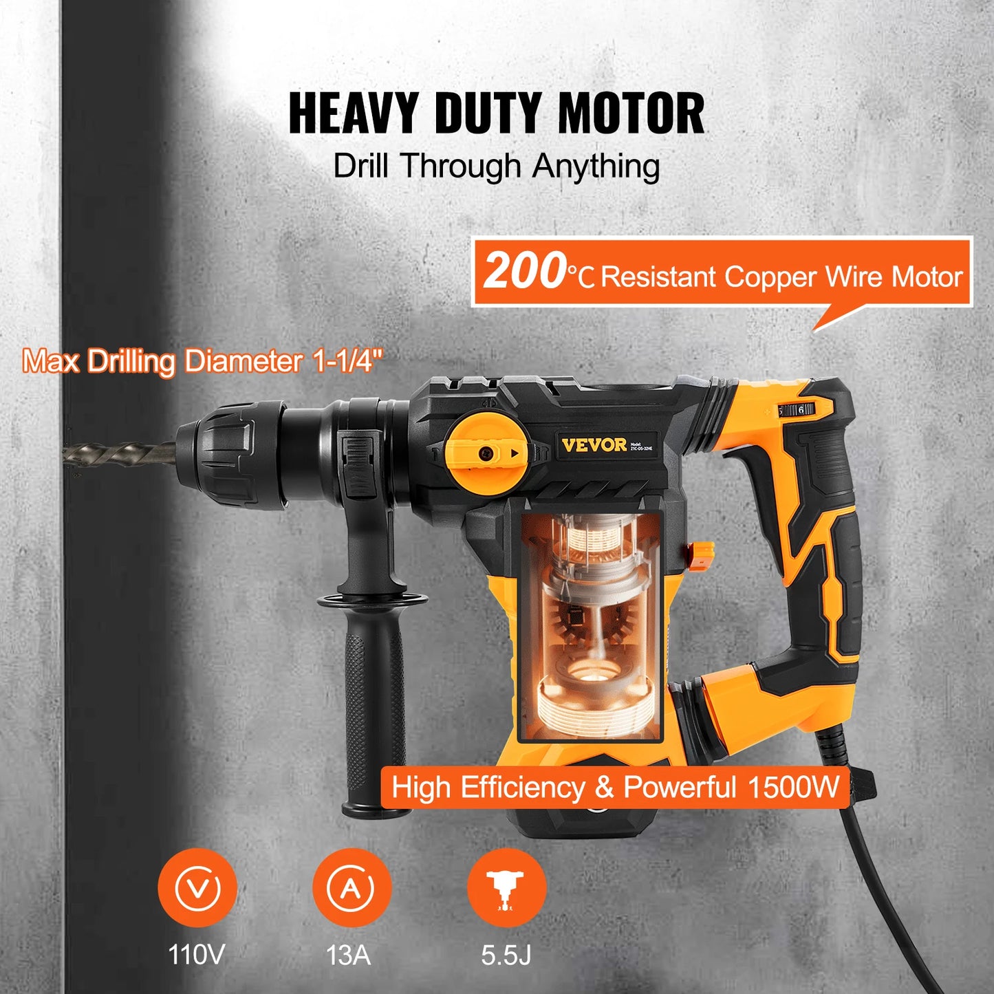 1500W Rotary Hammer Drill Max Drilling 32mm 4 Modes Plus Corded Demolition Chipping Metal Concrete Breaker Jackhammer