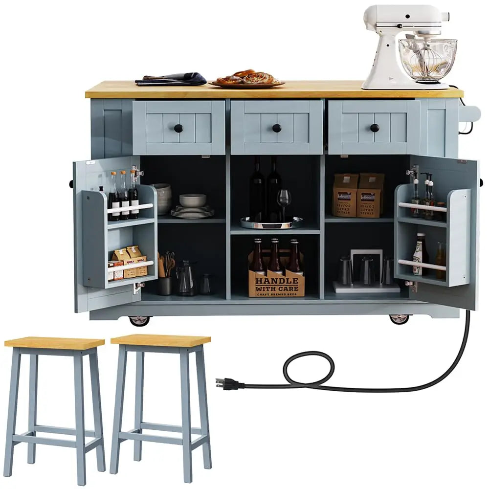 Mobile Rolling Kitchen Island Drop Leaf Storage Cabinets Power Outlet Seating 2 Bar Stools Large Table, Customized