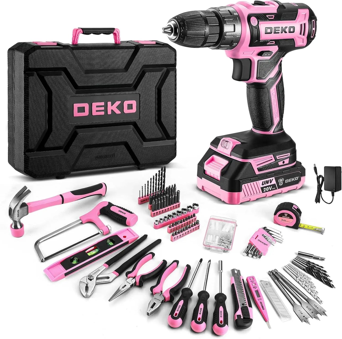 Pink Drill Tool Kit Set: 20V Cordless Power Drill Tool Box with Battery Electric Drill Driver
