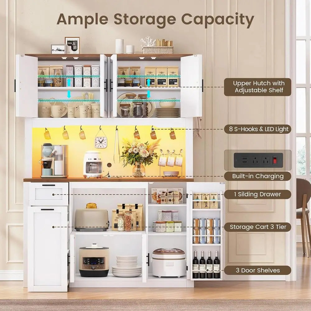 71 Inch Pantry Cabinet with Charging Station, LED Light, and Microwave Stand, 47.2 Wide Storage Cabinet with 3-Tier Cart for Kit