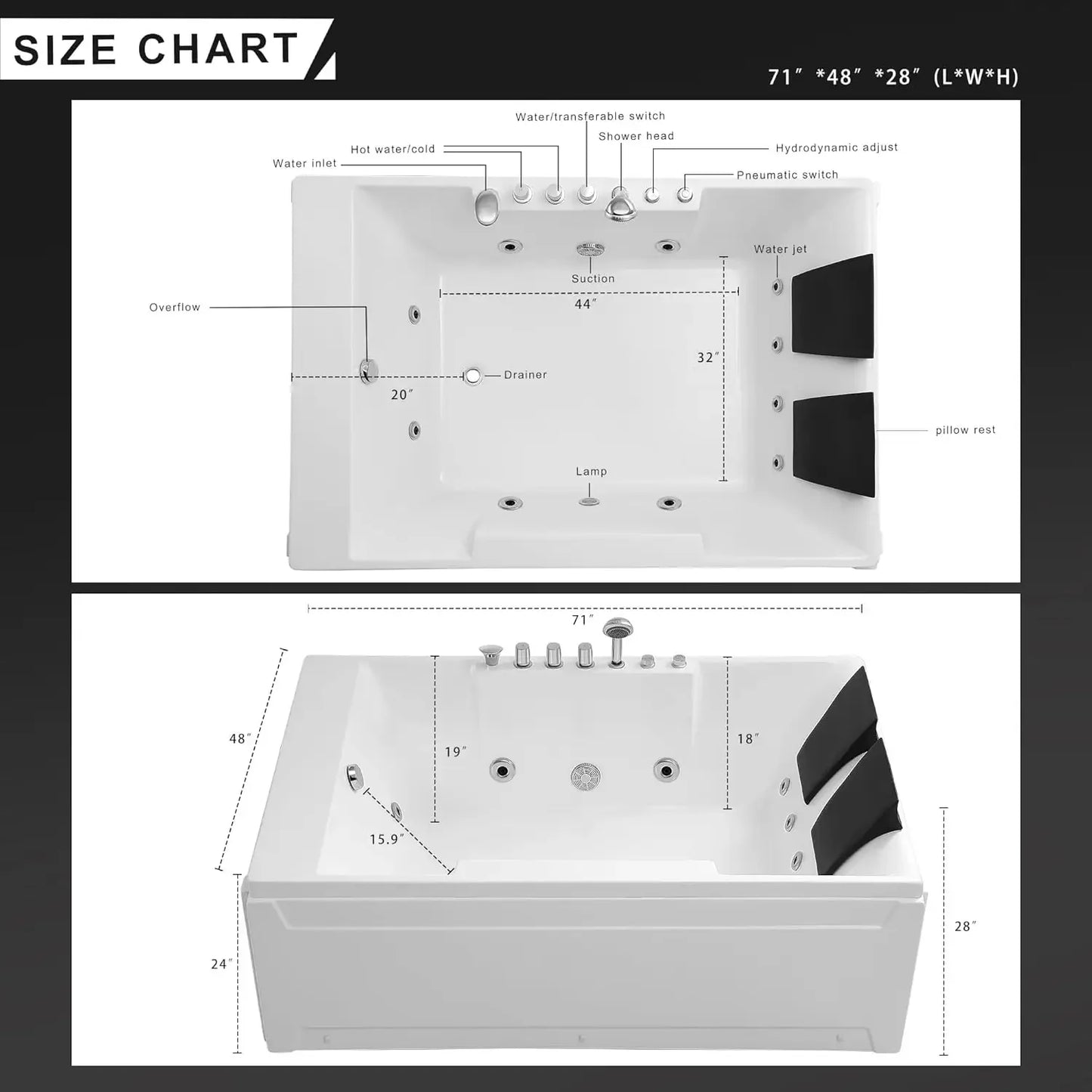72-Inch Whirlpool Jetted Tub,Acrylic Hydro Massage Bathtub with 10 Jets,Alcove, Color-Changing LED Lights,2-Person Jetted Bath T