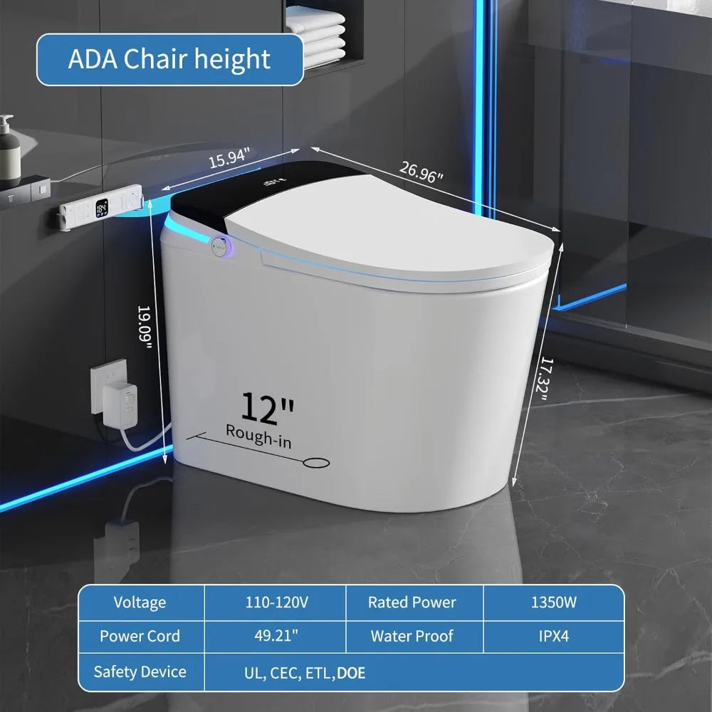 One Piece Smart Bidet Toilet, 360° Siphon Auto Flush, Automatic Lid, LED Light, Bathroom Use, Custom