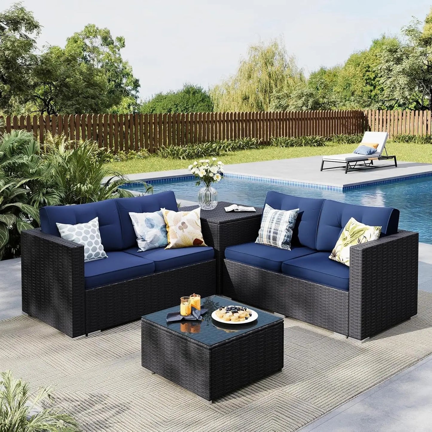 4 Piece Wicker Patio Furniture Set, L Shaped Small Rattan Patio Sectional Sofa Couch Outdoor Conversation Sets with, Customized