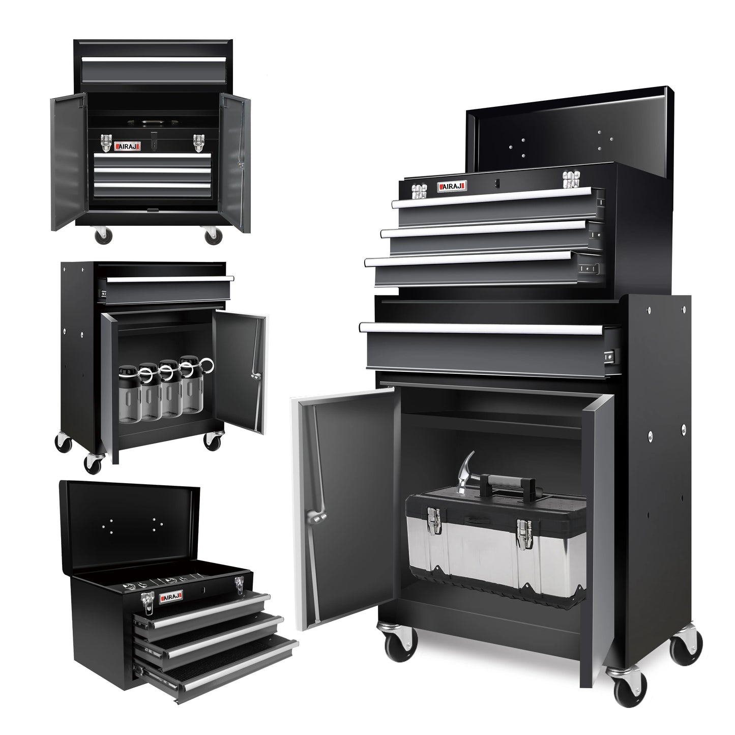 Double door four drawer rolling tool chest, lockable detachable top large tool cabinet, padded metal toolbox