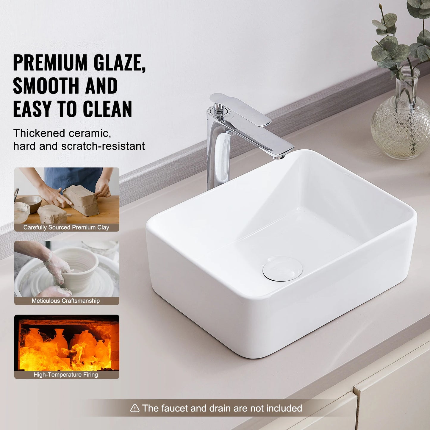 Rectangle Vessel Sink Bathroom Vessel Sink Countertop White Ceramic Bathroom Sinks Above Counter for Bathroom/Toilet