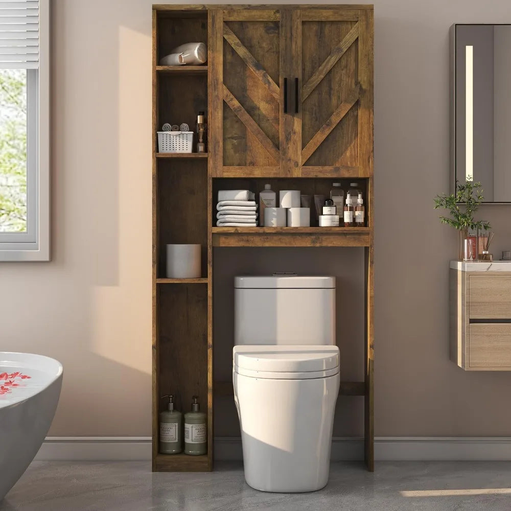 Over The Toilet Storage Cabinet with 7 Storage Shelves, Above Toilet Bathroom Organizer with Toilet Paper Holder Stand, Behind T
