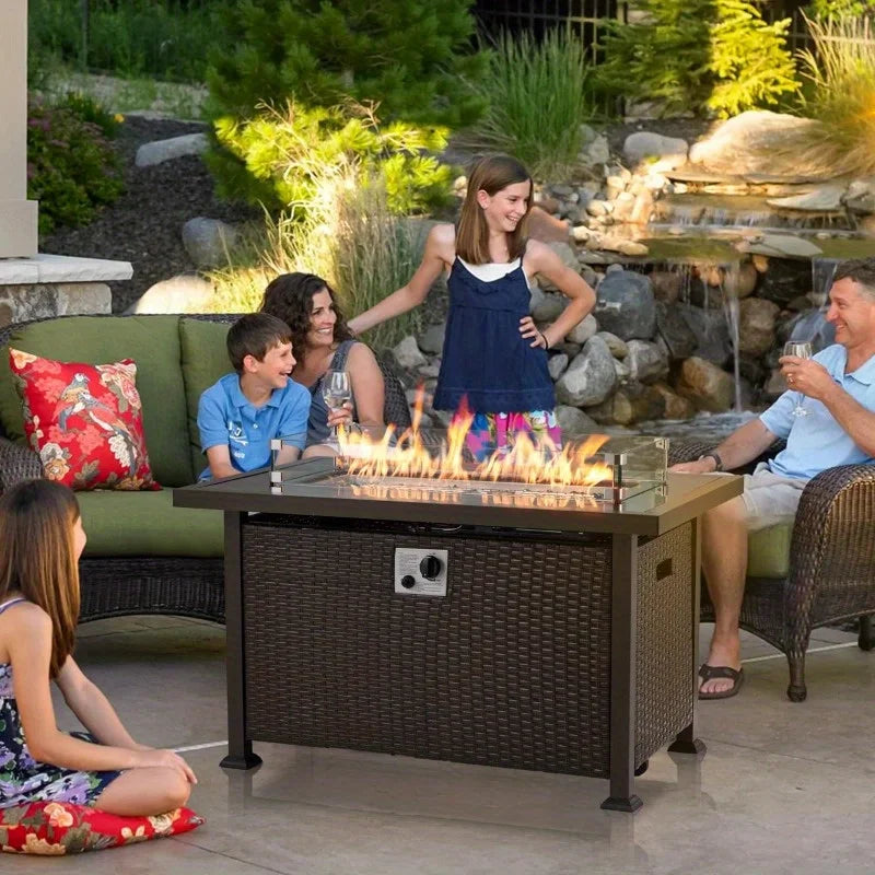 EROMMY 44in Outdoor Propane Gas Fire Pit Table - 50, 000 BTU Auto-Ignition, Glass Wind Guard, Brown PE Rattan