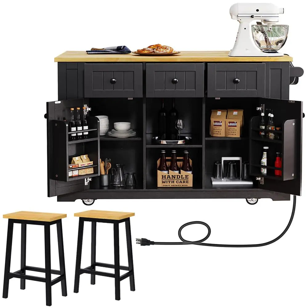 Mobile Rolling Kitchen Island Drop Leaf Storage Cabinets Power Outlet Seating 2 Bar Stools Large Table, Customized
