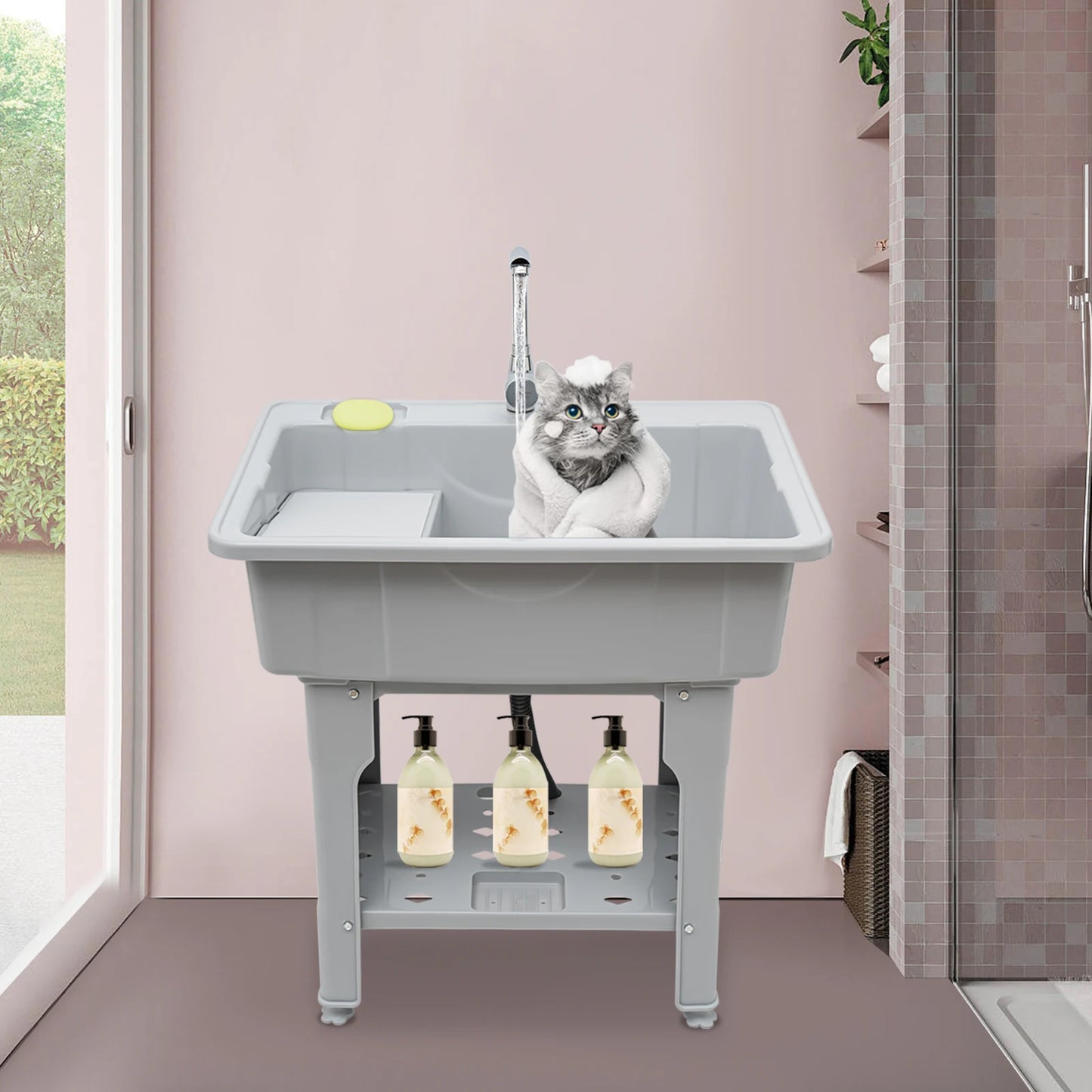 Upgraded 70kg Capacity Laundry Sink, 360° Rotatable Hot/Cold Faucet & Movable Board, Freestanding Plastic Utility Tub