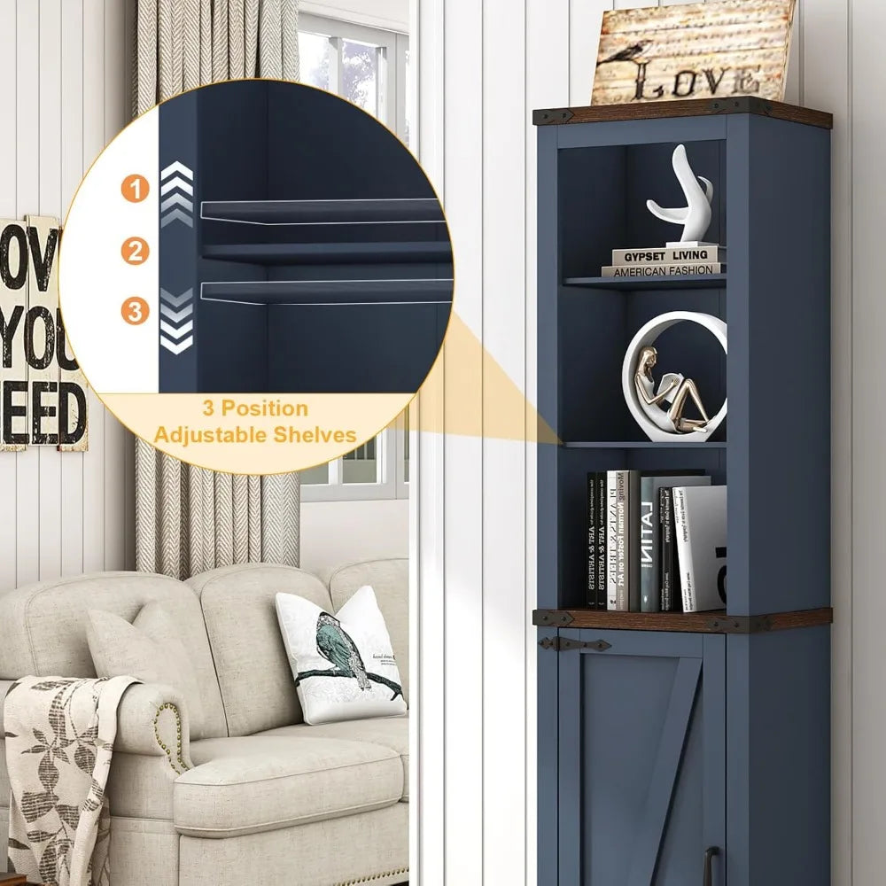 68 Tall Farmhouse Bathroom Storage Cabinet, 5-Shelf Storage Cabinet with Barn Door&Adjustable Shelves, Navy Blue