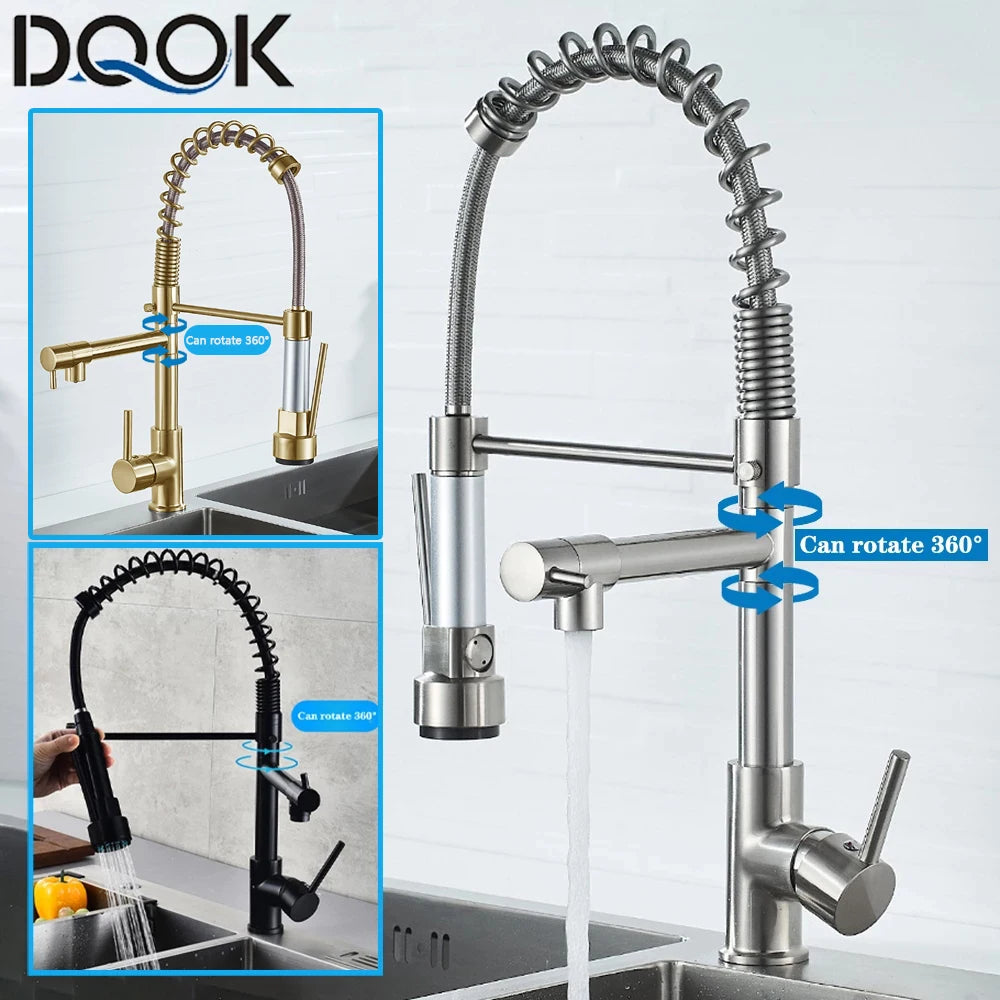 Black Brushed Spring Pull Down Kitchen Sink Faucet Hot & Cold Water Mixer Crane Tap with Dual Spout Deck Mounted