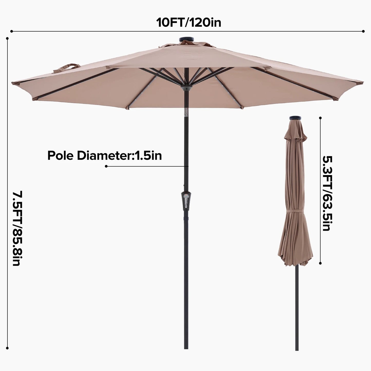 JHK 10FT with 32 LED Lights Solar Patio Umbrella UV-Resistant Outdoor Table Umbrella with Tilt and Crank for Outdoor Backyard Garden