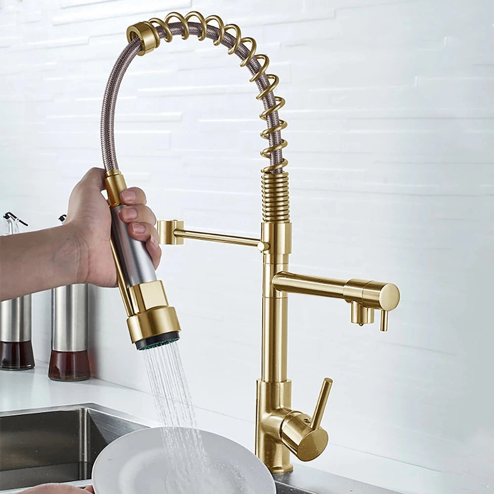 Black Brushed Spring Pull Down Kitchen Sink Faucet Hot & Cold Water Mixer Crane Tap with Dual Spout Deck Mounted