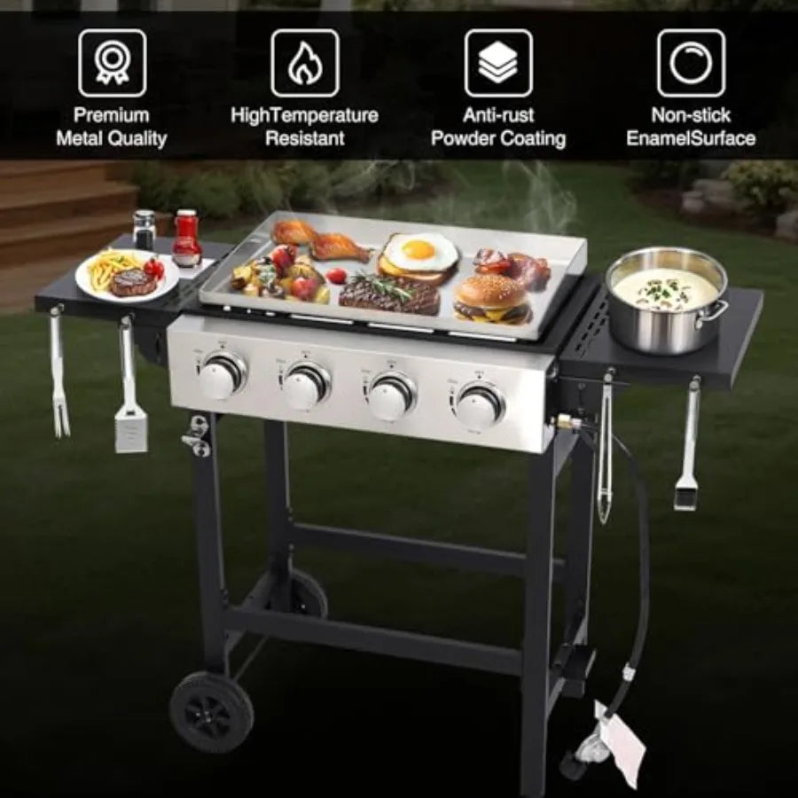 4-Burner Propane Gas Griddle with Foldable Side Tables and Wheels 40 000 BTUs 291 sq.in Cooking Area Outdoor Flat Top Grill for