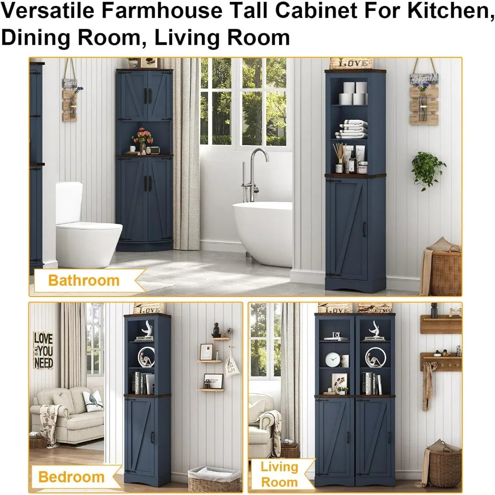 68 Tall Farmhouse Bathroom Storage Cabinet, 5-Shelf Storage Cabinet with Barn Door&Adjustable Shelves, Navy Blue