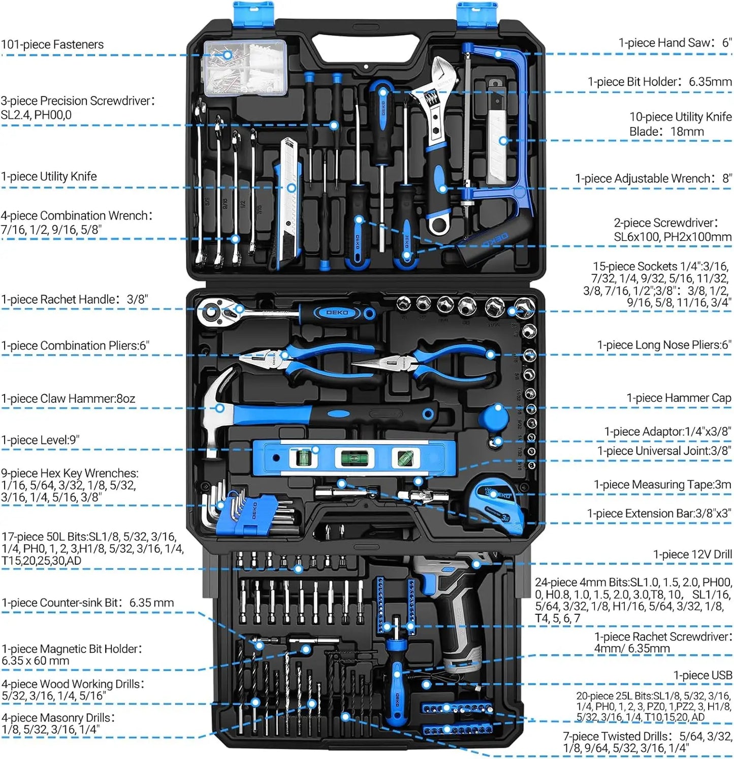 Home Mechanic Toolbox with 12V Power Cordless Drill Hand Repair Tools Sets Combo Kits Storage Organizer Drawer Case